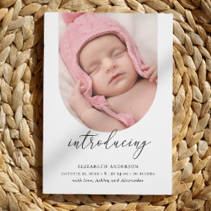 Introducing. Black and white elegant script birth Announcement