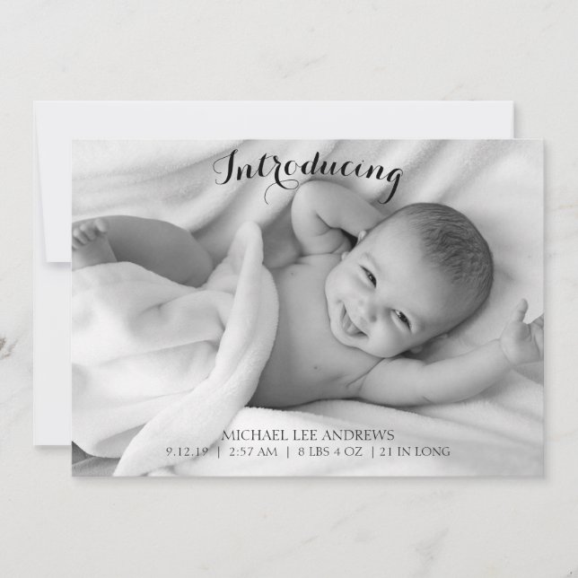Introducing Black and White New Baby Photo Birth Announcement (Front)