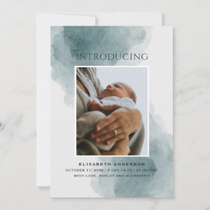 Introducing. Elegant watercolor blue baby birth Announcement