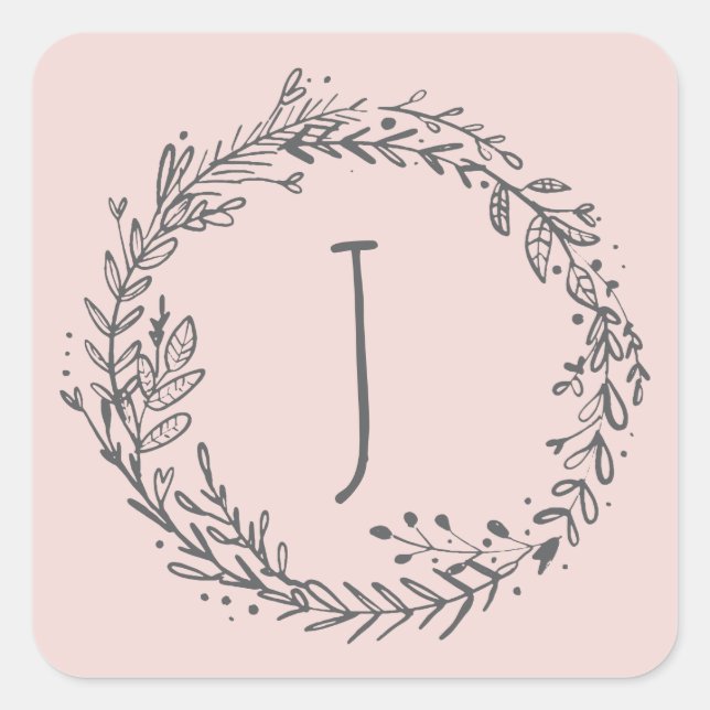 Introducing floral wreath initial name square sticker (Front)