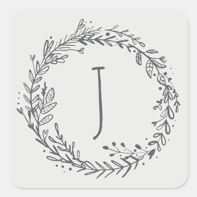Introducing floral wreath initial name square sticker (Front)