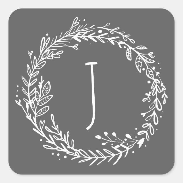 Introducing floral wreath initial name square sticker (Front)