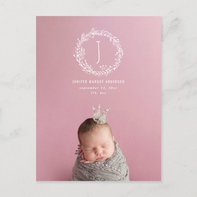 Introducing floral wreath photo birth announcement postcard (Front)