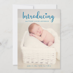 Introducing Hand Lettering Blue Baby Boy Elegant Announcement