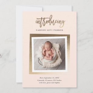 Introducing Modern Gold Script Baby Photo Birth Announcement
