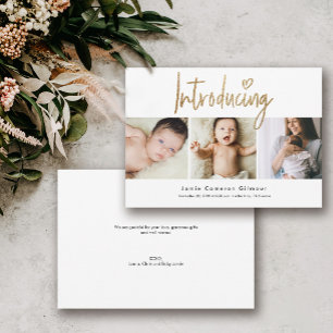 Introducing Modern Gold Script heart 3 photo Baby Thank You Card