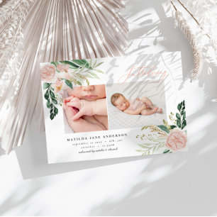 Introducing multi photo blush pink floral birth announcement postcard