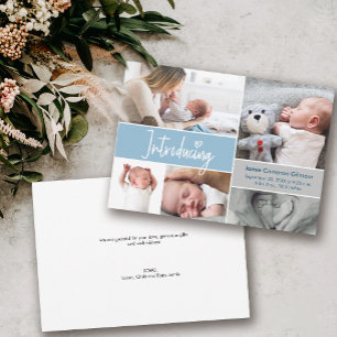 Introducing Newborn baby photos heart Blue Birth Announcement