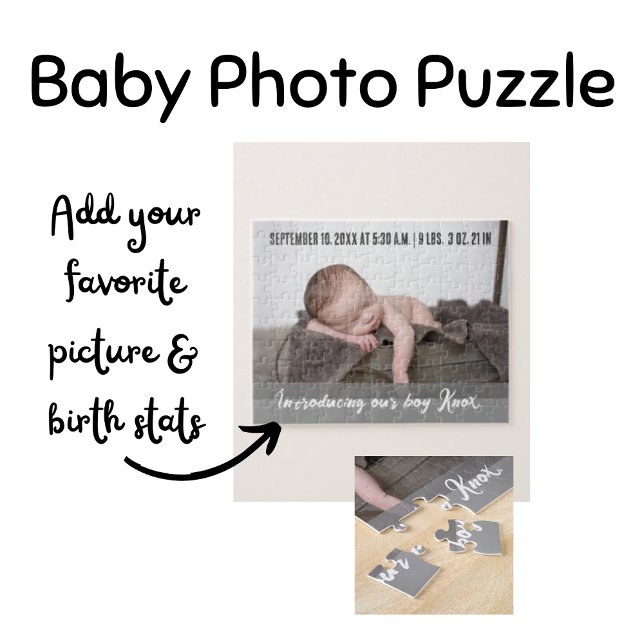 Introducing our boy—Baby Photo Birth Announcement  Jigsaw Puzzle (Baby Photo Jigsaw Puzzle Birth Announcement)