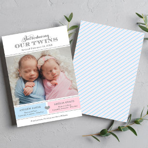 Introducing Our Twins Boy Girl Blue Pink Photo Announcement