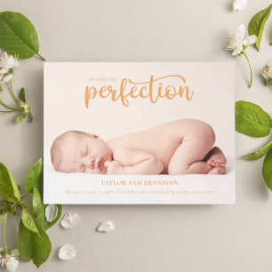 Introducing Perfection Simple Script Photo Birth Announcement