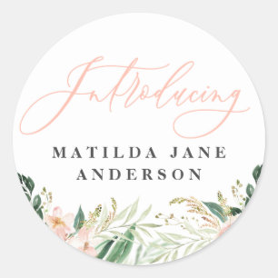 Introducing photo blush floral birth announcement classic round sticker
