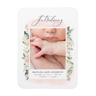 Introducing photo blush pink floral birth announce magnet