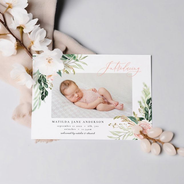 Introducing photo blush pink floral birth announcement (Creator Uploaded)