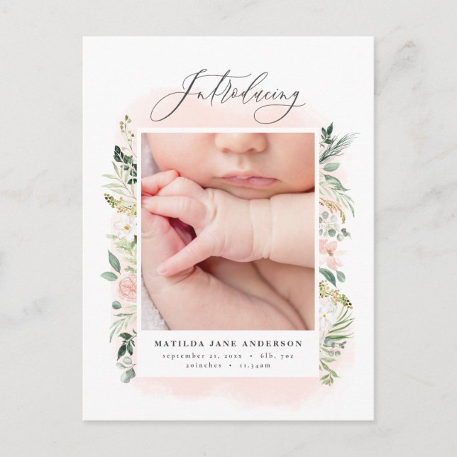 Introducing photo pink floral birth announcement postcard (Front)