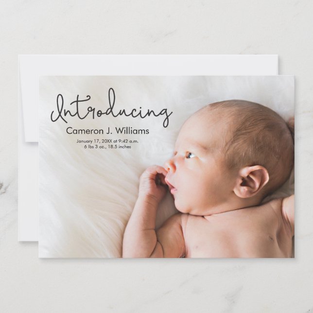 Introducing Script Blue second baby boy photo Announcement (Front)