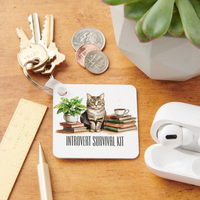 Introvert survival kit (Cat,plant,coffee,books) Key Ring (Desk)