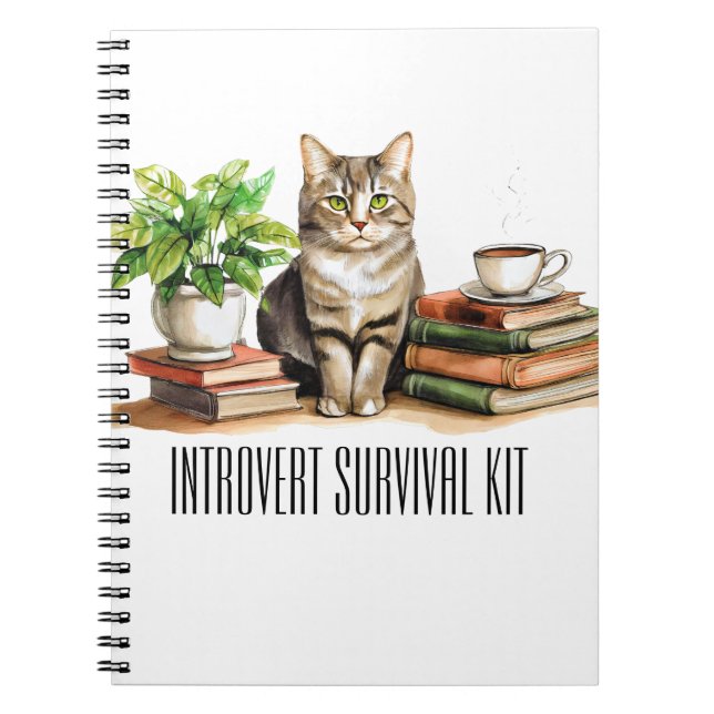 Introvert survival kit (Cat,plant,coffee,books) Notebook (Front)