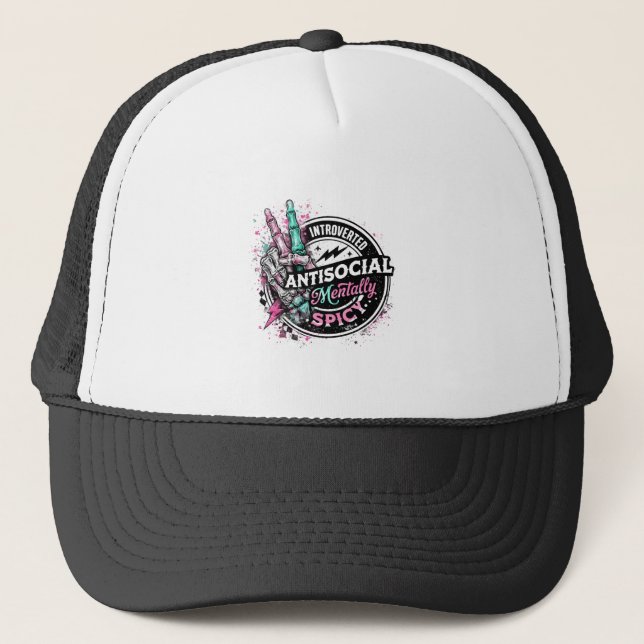 Introverted Antisocial Mentally Spicy Skeleton Trucker Hat (Front)