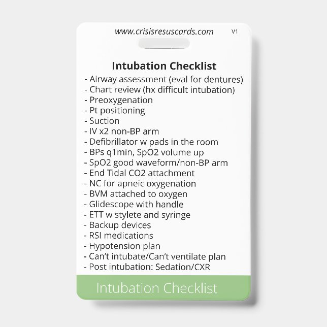 Intubation and Sedation Checklists ID Badge (Front)