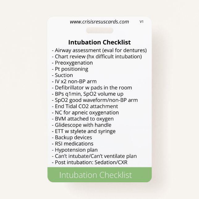 Intubation and Sedation Checklists ID Badge (Front)