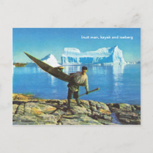 Inuit man with kayak and iceberg postcard