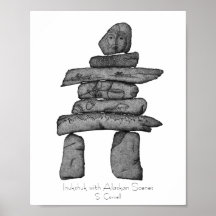 Inukshuk with Alaskan Scenes dotwork art