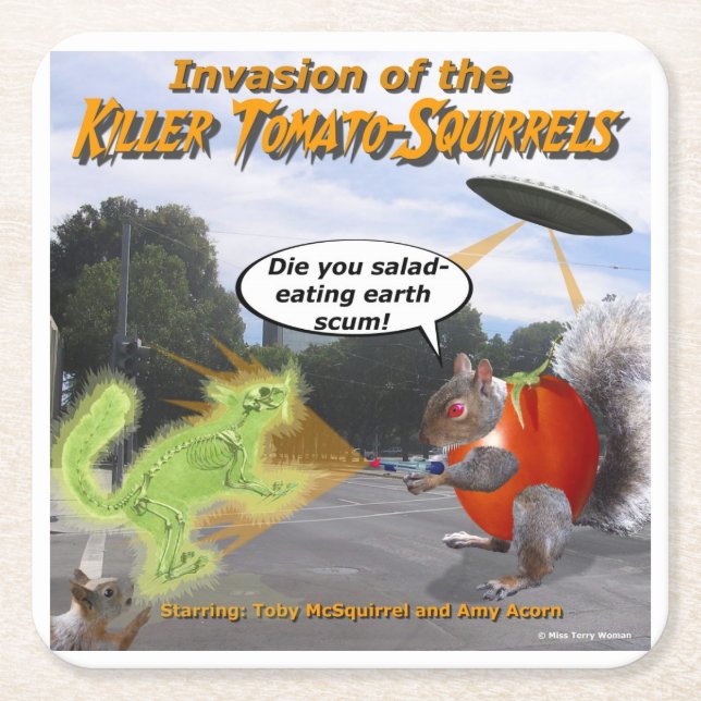 Invasion of the Killer Tomato Squirrels Square Paper Coaster (Front)