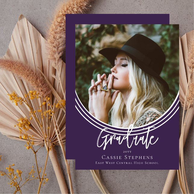 Inverted Arch Trendy Script Graduate Photo Purple Invitation (Inverted Arch Trendy Script "Graduate" Photo Unique Purple Graduation Announcement Print Digital)