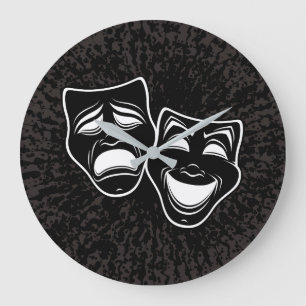 Inverted Black And White Comedy And Tragedy Masks Large Clock
