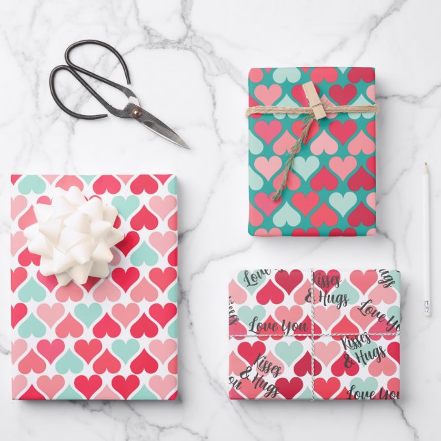 Inverted Pink Teal Valentine Hearts Pattern Wrapping Paper Sheet (Front)