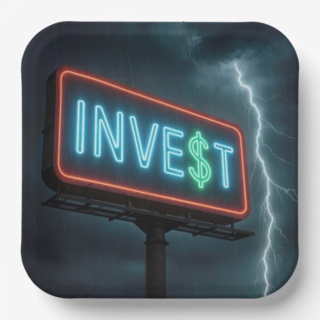 Invest Neon Billboard with Lightning Paper Plate (Front)