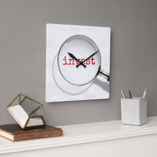 Invest Text Under Magnifying Glass Square Wall Clock