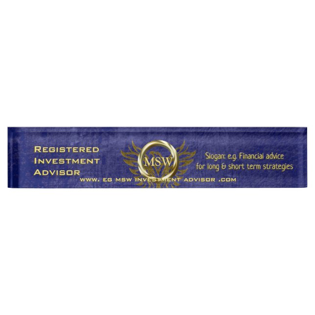 Investment Advisor, Gold Ring, Blue Leather-effect Nameplate (Front)