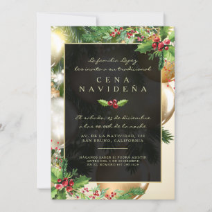 Invitación a una Cena Navideña Acebo y Adornos Invitation