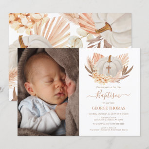 Invitación Baptism Boho white Pumpkin Photo Invit Invitation
