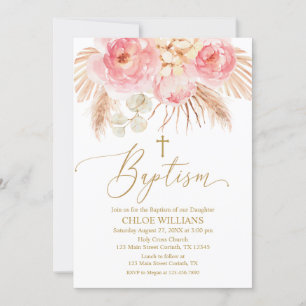 Invitación Baptism Floral pink Boho Pampas Girl In Invitation