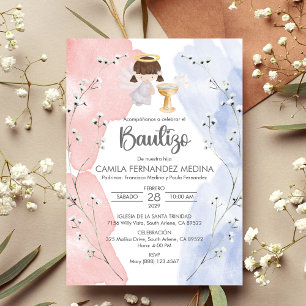 Invitacion Bautizo Angel Girl Cute Flowers Baptism Invitation