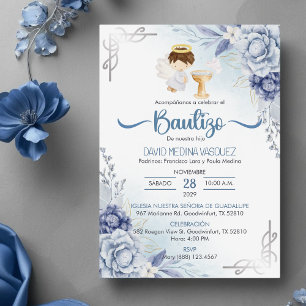 Invitacion Bautizo BLUE Flowers BOY Angel Baptism Invitation