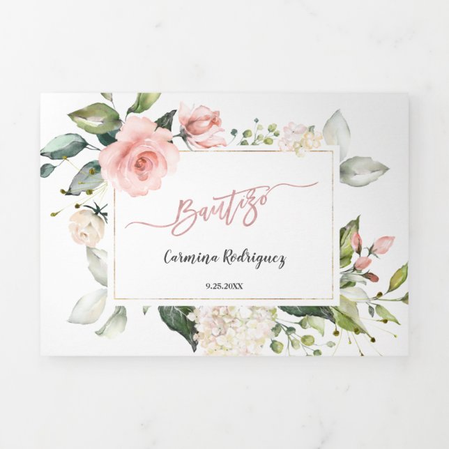 Invitacion Bautizo Con Flores Photo Baptism Tri-Fold Invitation (Cover)