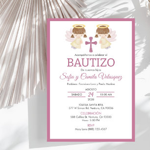 Invitacion Bautizo girls Baptism Cute Twin Angels Invitation