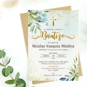 Invitacion Bautizo Green Leaves Religious Baptism Invitation