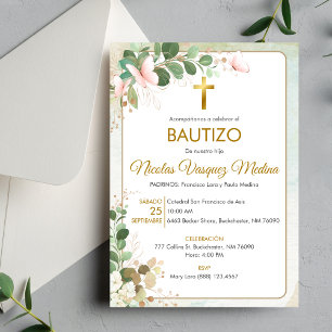 Invitacion Bautizo Green Leaves Religious Baptism Invitation