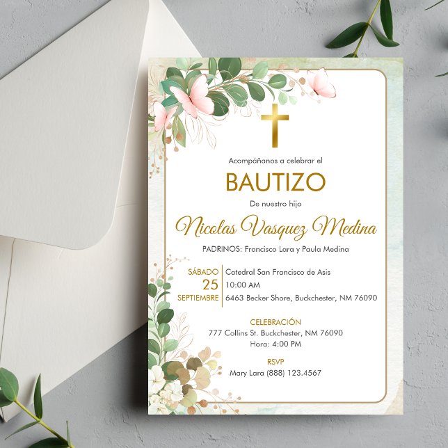 Invitacion Bautizo Green Leaves Religious Baptism Invitation (Creator Uploaded)