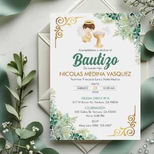 Invitacion Bautizo in spanish Baptism Green Leaves Invitation