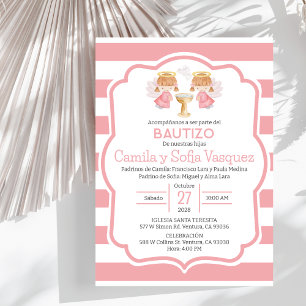 Invitacion Bautizo niñas Baptism Cute Twin Angels Invitation
