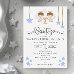 Invitacion Bautizo niños Baptism Cute Twin Angels Invitation