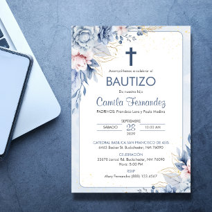 Invitacion Bautizo Religious Blue Flowers Baptism Invitation
