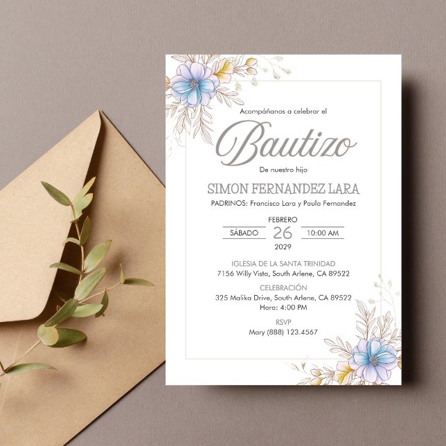 Invitacion Bautizo Spanish Blue Flowers Baptism Invitation (Creator Uploaded)