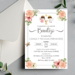 Invitacion Bautizo Spanish Cute Twin Angels Invitation